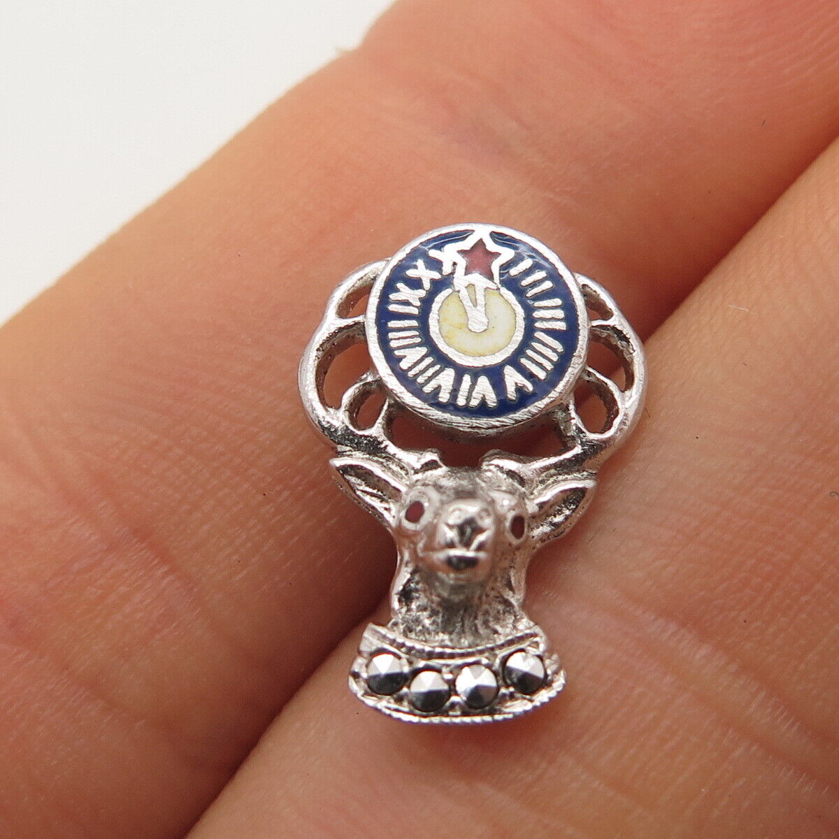 925 Sterling Silver Antique Marcasite Gem & Enamel Elks Member Emblem Lapel Pin