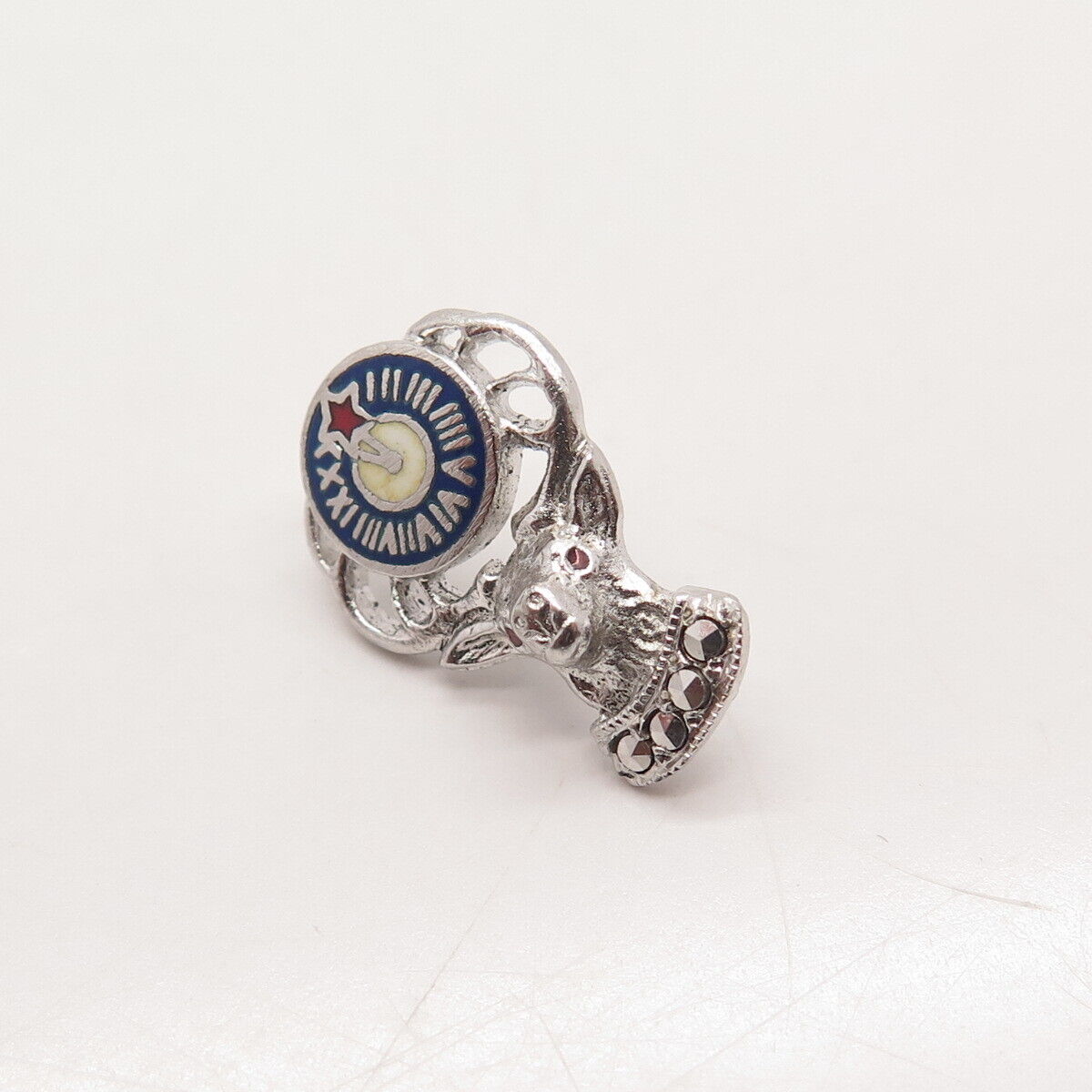 925 Sterling Silver Antique Marcasite Gem & Enamel Elks Member Emblem Lapel Pin