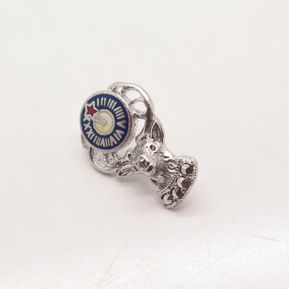 925 Sterling Silver Antique Marcasite Gem & Enamel Elks Member Emblem Lapel Pin