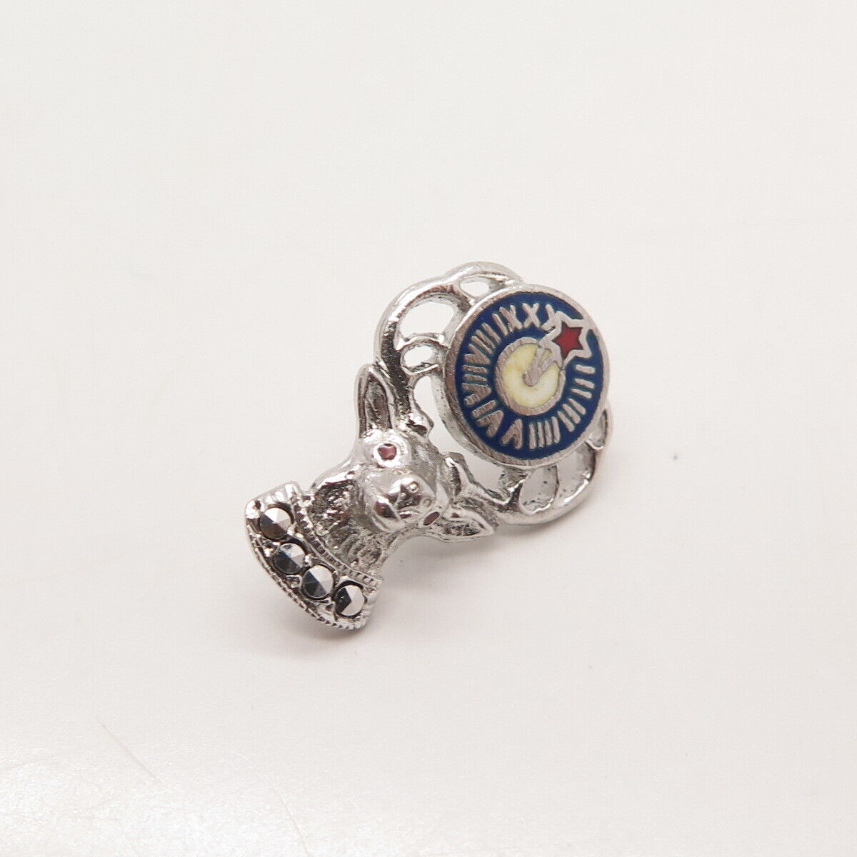 925 Sterling Silver Antique Marcasite Gem & Enamel Elks Member Emblem Lapel Pin
