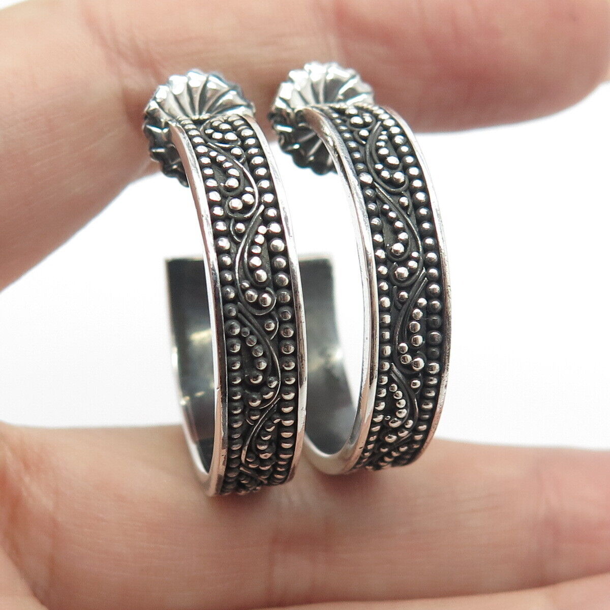 925 Sterling Silver Vintage Granulated Half Hoop Earrings