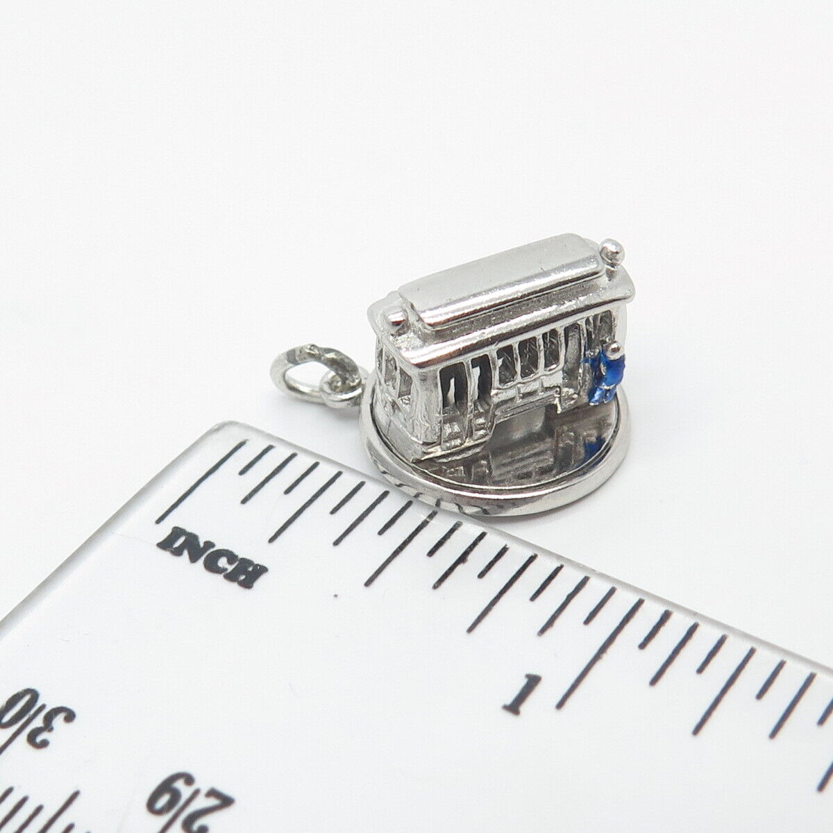 925 Sterling Silver Vintage Wells Enamel Tram / Cable Car Movable Charm Pendant