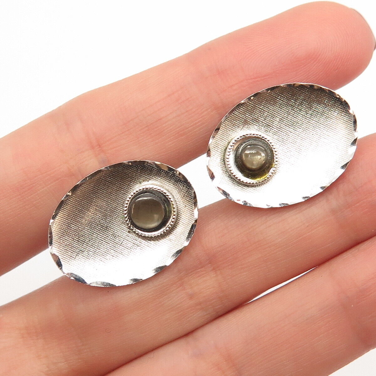 925 Sterling Silver Vintage Real Mother-of-Pearl Textured Oval Cufflinks