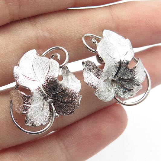 925 Sterling Silver Vintage Textured Leaf Screw Back Earrings