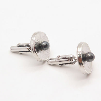 925 Sterling Silver Vintage Real Gray Pearl Round Cufflinks