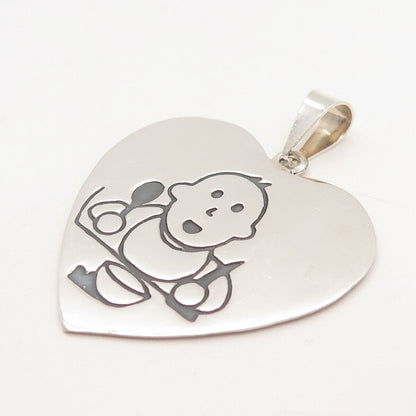 925 Sterling Silver Vintage Mexico EFS Baby w/ Spoon Heart Pendant