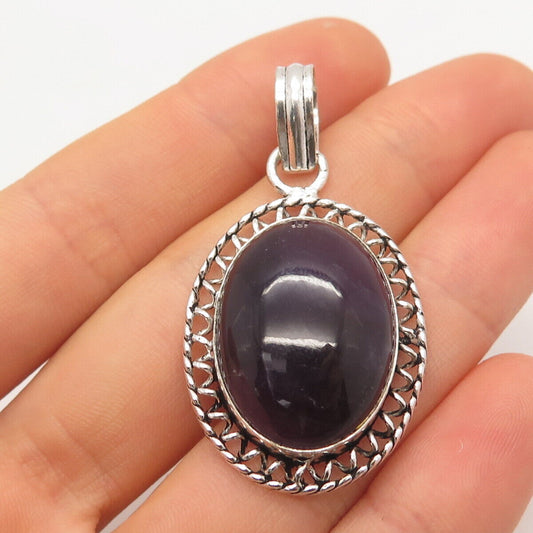 925 Sterling Silver Vintage Real Amethyst Gem Oval Pendant