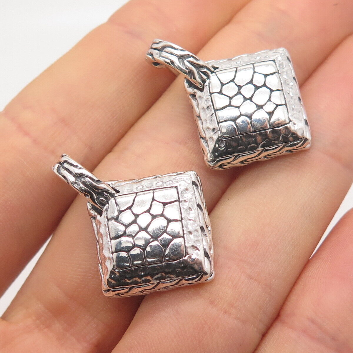 925 Sterling Silver Vintage Pebble Rhombus Dangling Earrings