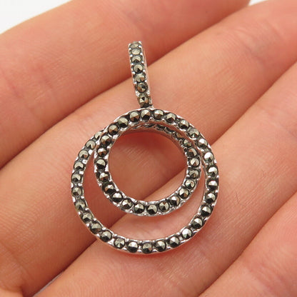 925 Sterling Silver Real Marcasite Gem Double Circle Pendant