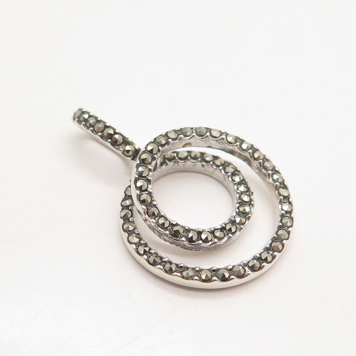 925 Sterling Silver Real Marcasite Gem Double Circle Pendant