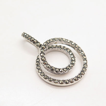 925 Sterling Silver Real Marcasite Gem Double Circle Pendant