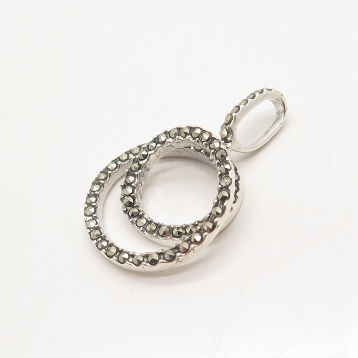 925 Sterling Silver Real Marcasite Gem Double Circle Pendant