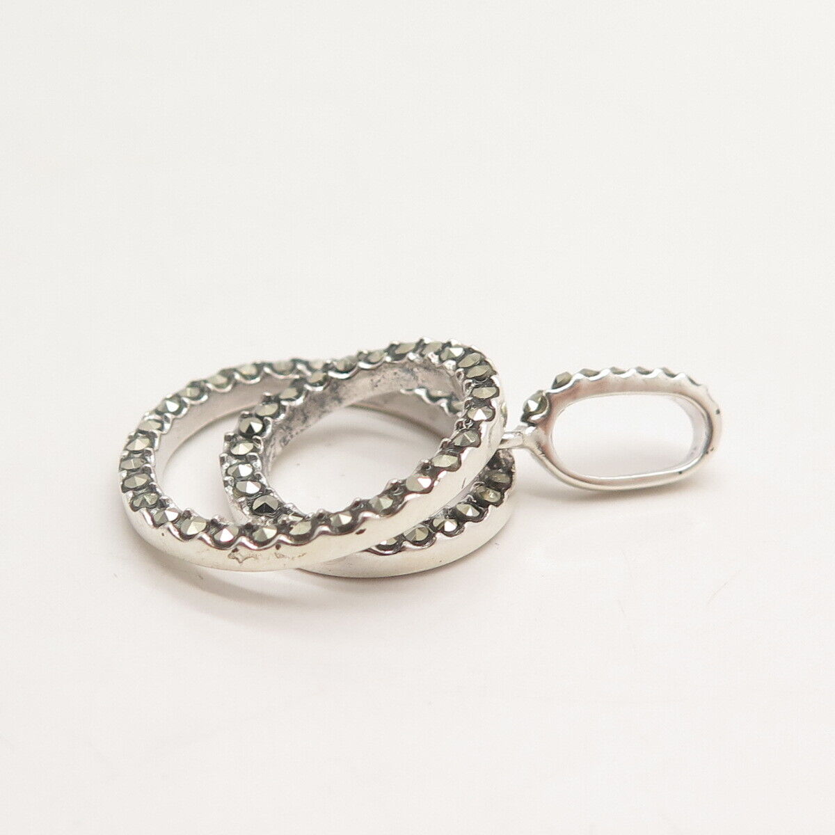 925 Sterling Silver Real Marcasite Gem Double Circle Pendant