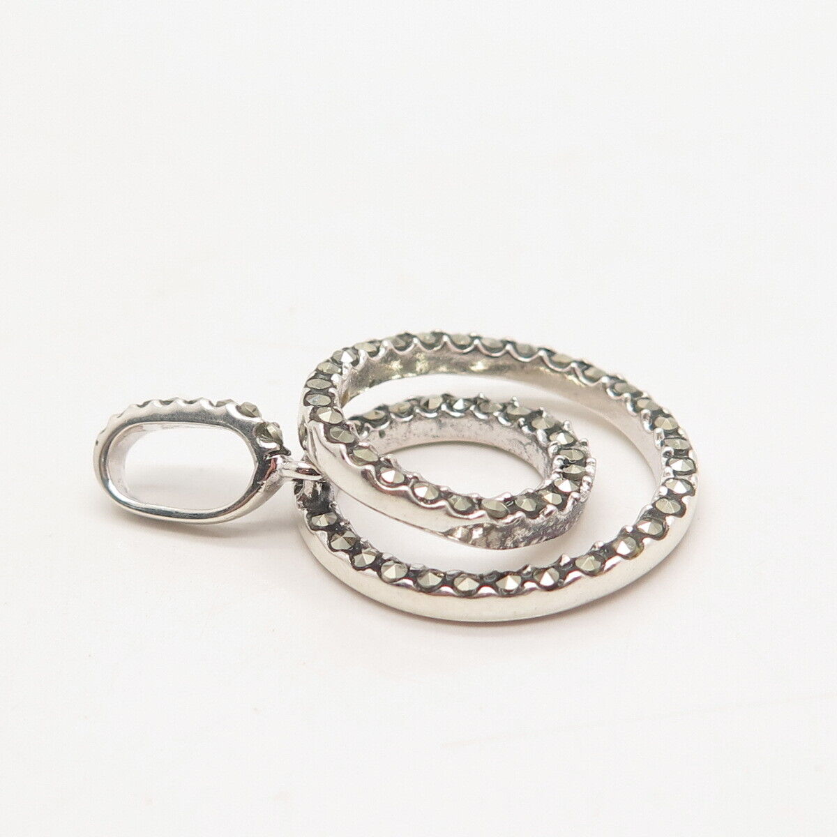 925 Sterling Silver Real Marcasite Gem Double Circle Pendant