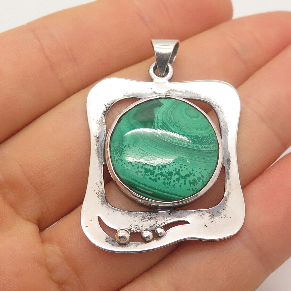 950 Silver Vintage Real Malachite Gemstone Pendant