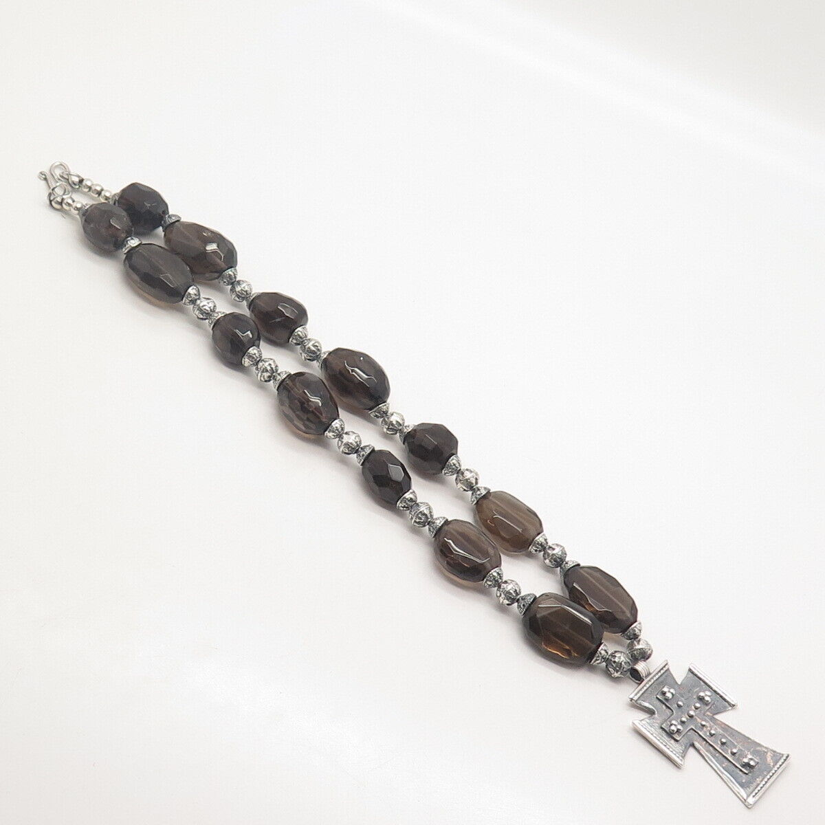 925 Sterling Silver Vintage Real Smoky Quartz Cross Bead Chain Necklace 18"