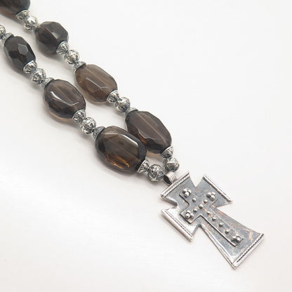 925 Sterling Silver Vintage Real Smoky Quartz Cross Bead Chain Necklace 18"