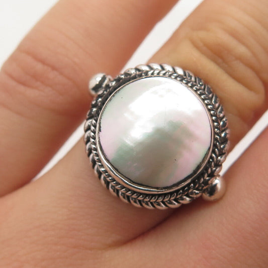 925 Sterling Silver Vintage Suarti Bali Real Mother-of-Pearl Ring Size 5.5