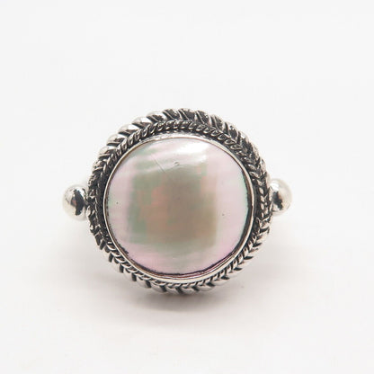 925 Sterling Silver Vintage Suarti Bali Real Mother-of-Pearl Ring Size 5.5