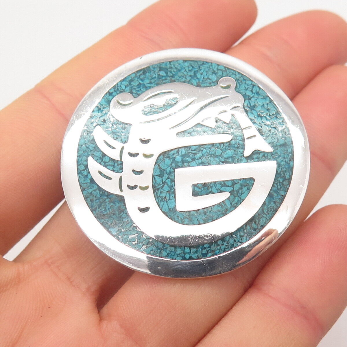 925 Sterling Silver Vintage Mexico Turquoise Gem Inlay Tribal Brooch / Pendant