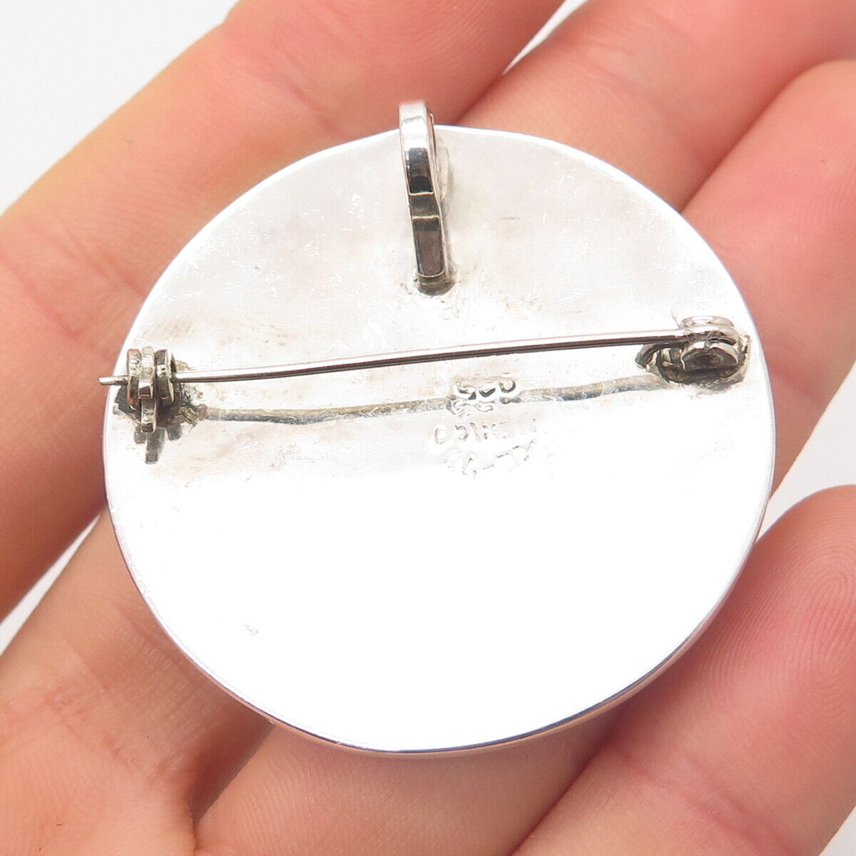 925 Sterling Silver Vintage Mexico Turquoise Gem Inlay Tribal Brooch / Pendant