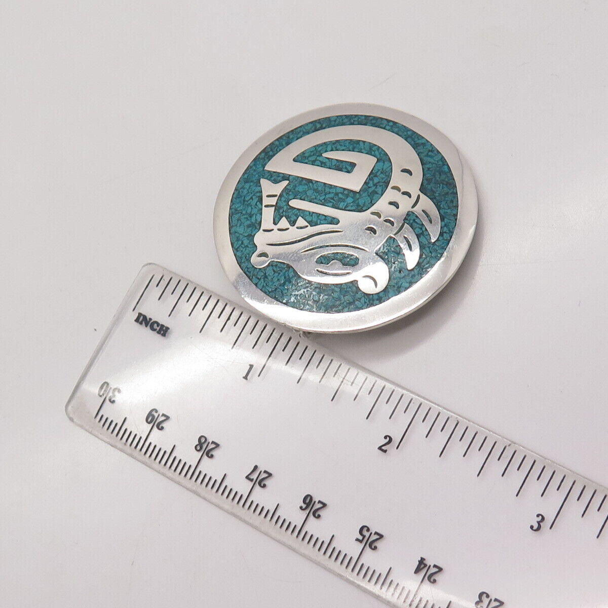 925 Sterling Silver Vintage Mexico Turquoise Gem Inlay Tribal Brooch / Pendant