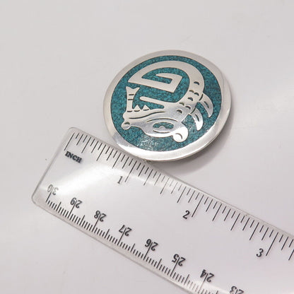 925 Sterling Silver Vintage Mexico Turquoise Gem Inlay Tribal Brooch / Pendant