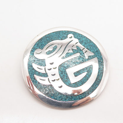925 Sterling Silver Vintage Mexico Turquoise Gem Inlay Tribal Brooch / Pendant