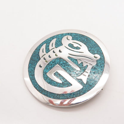 925 Sterling Silver Vintage Mexico Turquoise Gem Inlay Tribal Brooch / Pendant