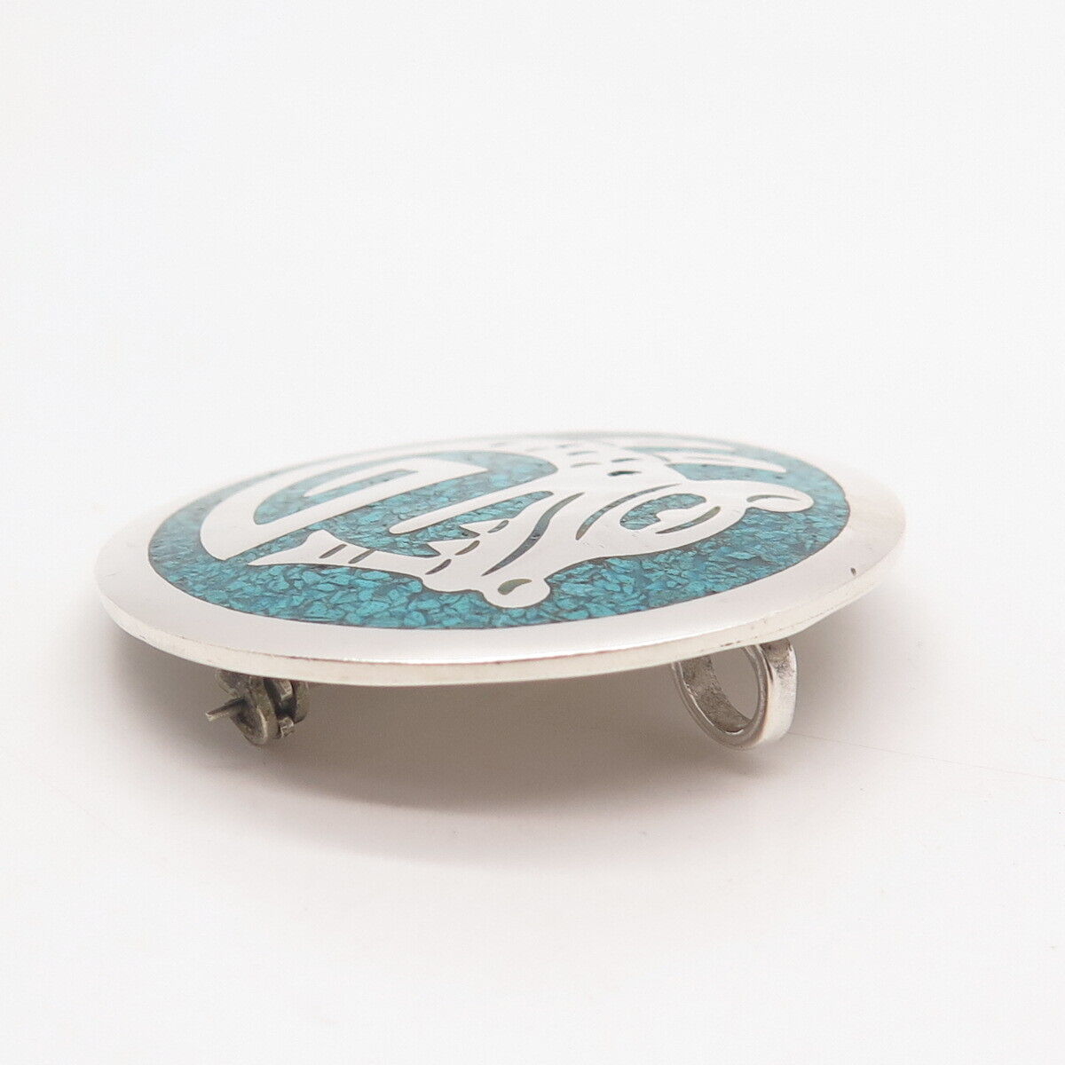 925 Sterling Silver Vintage Mexico Turquoise Gem Inlay Tribal Brooch / Pendant