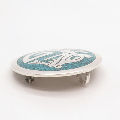 925 Sterling Silver Vintage Mexico Turquoise Gem Inlay Tribal Brooch / Pendant