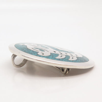 925 Sterling Silver Vintage Mexico Turquoise Gem Inlay Tribal Brooch / Pendant