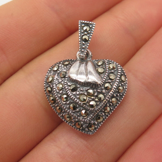 925 Sterling Silver Vintage Real Marcasite Gemstone Heart Pendant