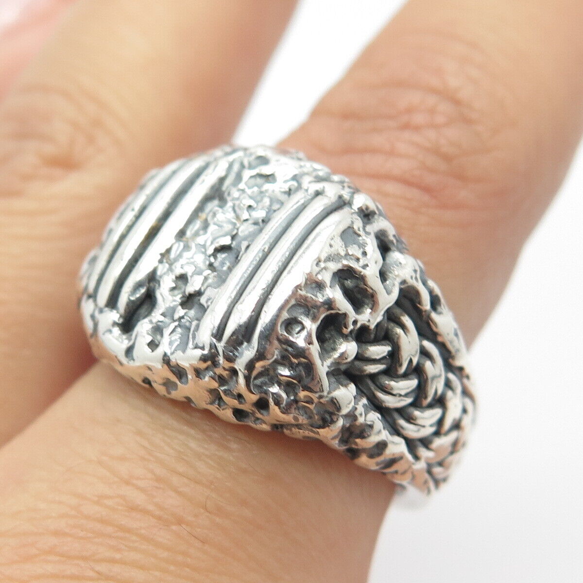 925 Sterling Silver Vintage Wicker Nugget Ring Size 8