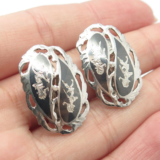 925 Sterling Silver Vintage Siam Niello Hindu Goddess Clip On Earrings