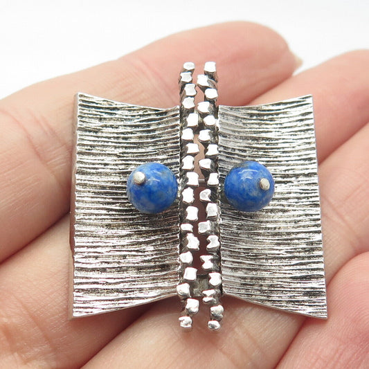 925 Sterling Silver Vintage Real Lapis Lazuli Gemstone Textured Pin Brooch