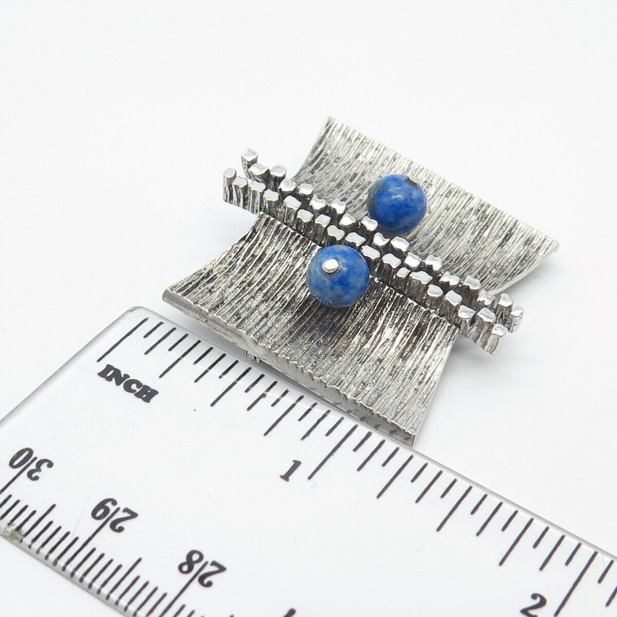 925 Sterling Silver Vintage Real Lapis Lazuli Gemstone Textured Pin Brooch