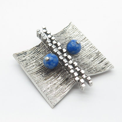 925 Sterling Silver Vintage Real Lapis Lazuli Gemstone Textured Pin Brooch