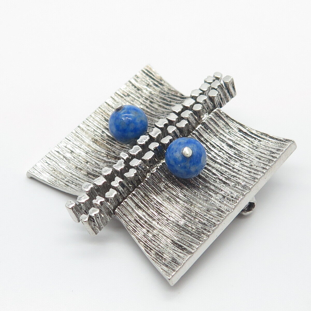 925 Sterling Silver Vintage Real Lapis Lazuli Gemstone Textured Pin Brooch