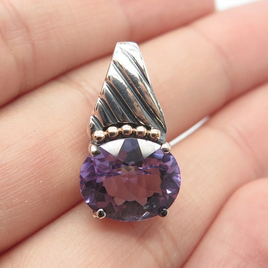 925 Sterling Silver / 14K Gold Vintage Real Amethyst Gemstone Slide Pendant