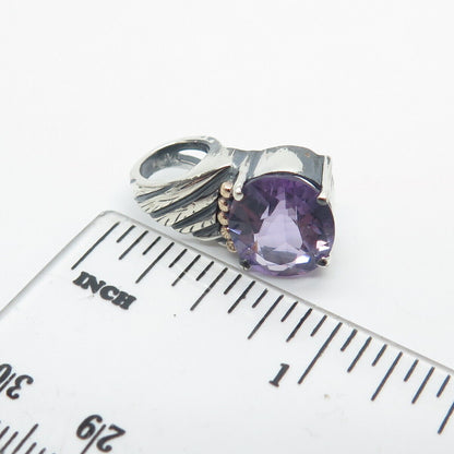 925 Sterling Silver / 14K Gold Vintage Real Amethyst Gemstone Slide Pendant