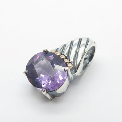 925 Sterling Silver / 14K Gold Vintage Real Amethyst Gemstone Slide Pendant