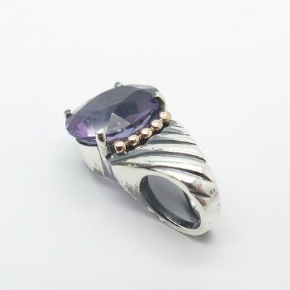 925 Sterling Silver / 14K Gold Vintage Real Amethyst Gemstone Slide Pendant