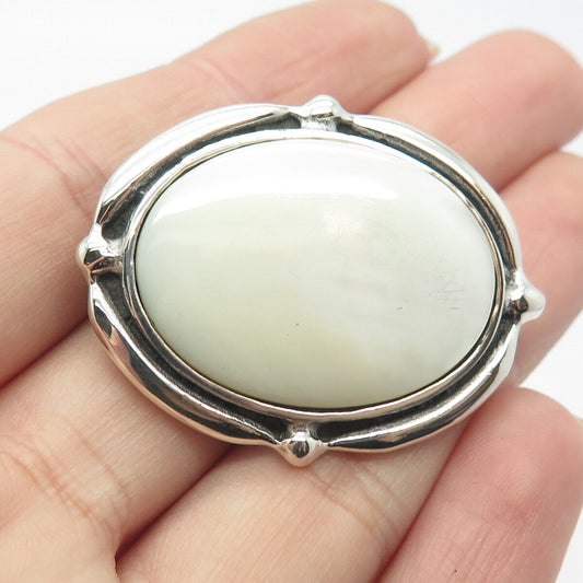 925 Sterling Silver Vintage Real Mother-of-Pearl Oval Pin Brooch / Pendant