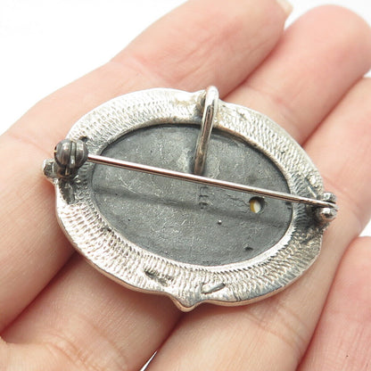 925 Sterling Silver Vintage Real Mother-of-Pearl Oval Pin Brooch / Pendant