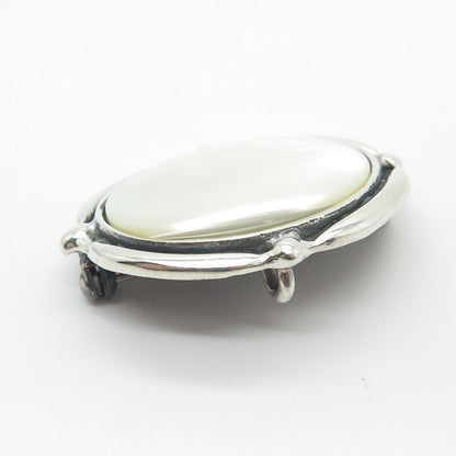 925 Sterling Silver Vintage Real Mother-of-Pearl Oval Pin Brooch / Pendant