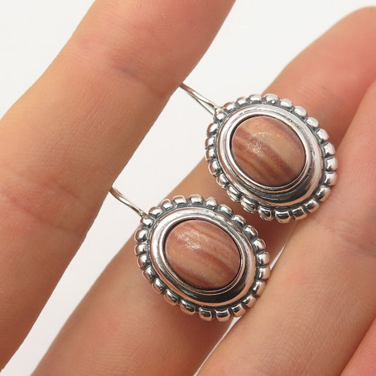 925 Sterling Silver Vintage Real Jasper Beaded Oval Earrings