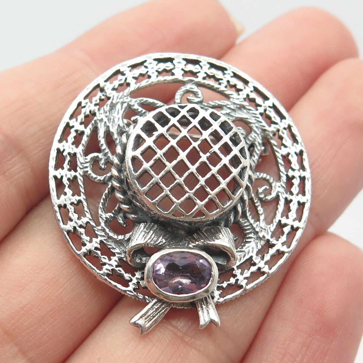 925 Sterling Silver Vintage Real Amethyst Gemstone Lady's Hat Pin Brooch