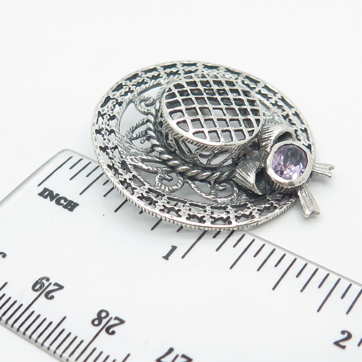 925 Sterling Silver Vintage Real Amethyst Gemstone Lady's Hat Pin Brooch