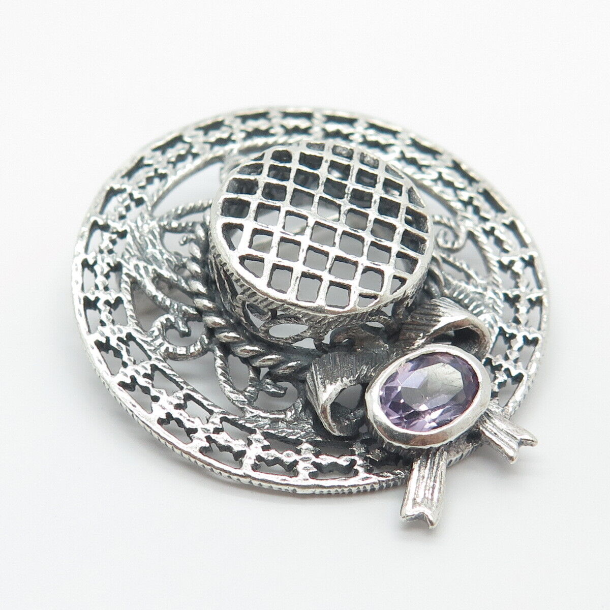 925 Sterling Silver Vintage Real Amethyst Gemstone Lady's Hat Pin Brooch